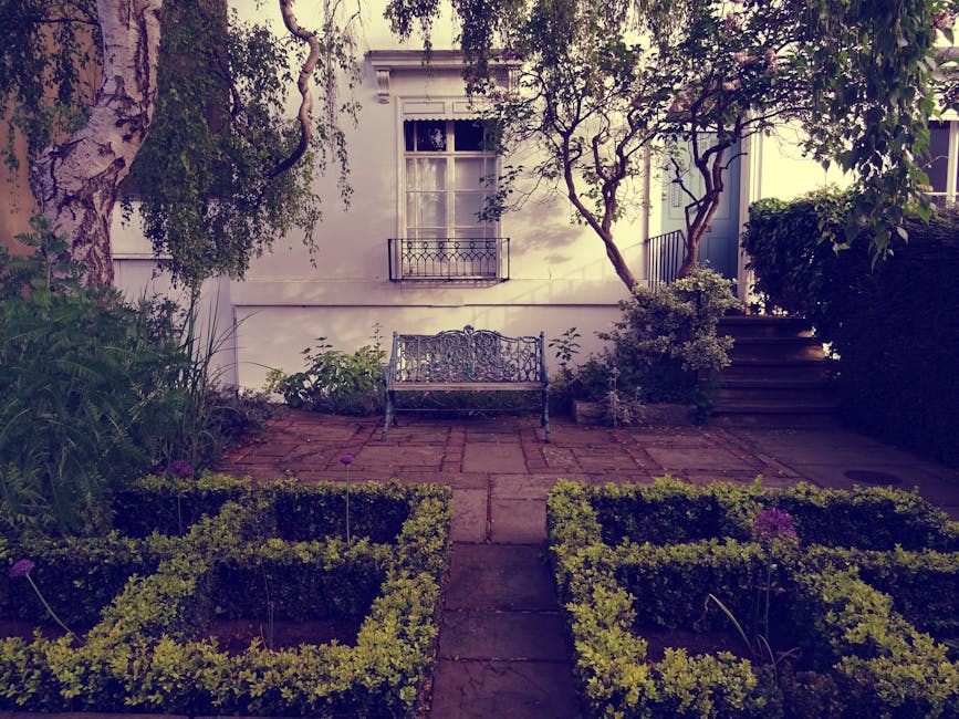 A charming garden scene featuring a paved patio area with a decorative metal bench positioned centrally against the white exterior wall of a building. Surrounding the patio are neatly trimmed low hedge beds bordered with small, vibrant green foliage. To the left, there is a large, mature tree with textured bark and trailing vines, while on the right, a small set of dark wooden steps leads up to an elevated garden bed with lush shrubbery and flowering plants. Tall, leafy plants and flowering bushes frame the space, adding texture and color. A window with white trim and a small black wrought-iron balcony is visible above the bench, with shadows cast by overhanging tree branches creating a dappled lighting effect. The overall scene demonstrates careful garden maintenance, with trimmed plants, a clear pathway, and a well-kept appearance, consistent with the services of Gardeners Haringey, as they carry out landscaping and lawn care work near Wood Green High Road N22.