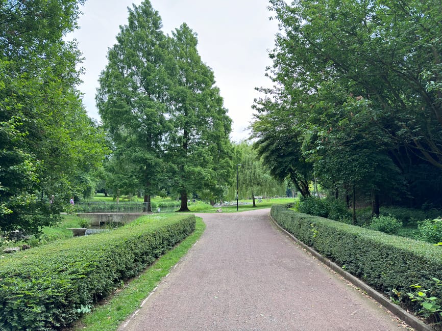 A charming garden scene featuring a paved patio area with a decorative metal bench positioned centrally against the white exterior wall of a building. Surrounding the patio are neatly trimmed low hedge beds bordered with small, vibrant green foliage. To the left, there is a large, mature tree with textured bark and trailing vines, while on the right, a small set of dark wooden steps leads up to an elevated garden bed with lush shrubbery and flowering plants. Tall, leafy plants and flowering bushes frame the space, adding texture and color. A window with white trim and a small black wrought-iron balcony is visible above the bench, with shadows cast by overhanging tree branches creating a dappled lighting effect. The overall scene demonstrates careful garden maintenance, with trimmed plants, a clear pathway, and a well-kept appearance, consistent with the services of Gardeners Haringey, as they carry out landscaping and lawn care work near Wood Green High Road N22.